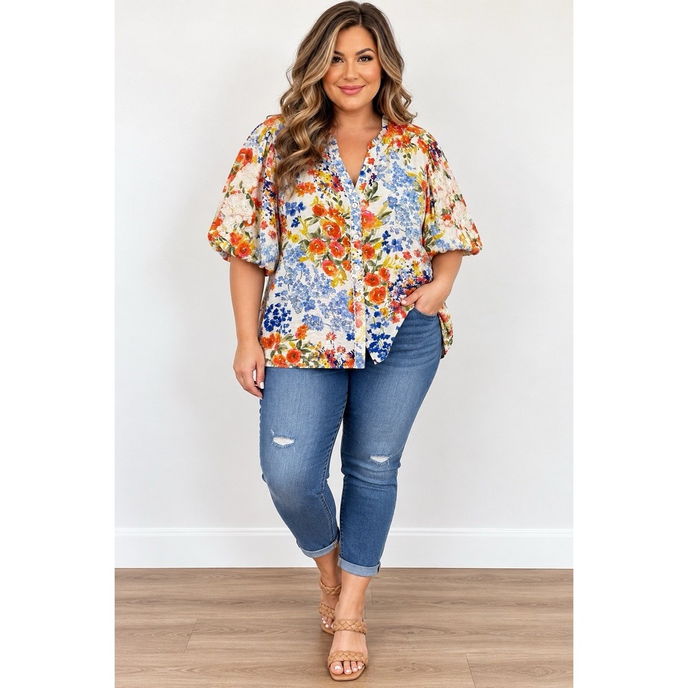 John Mark 3X Blouse Floral Watercolor Puff Sleeve Button Front Plus Size Top